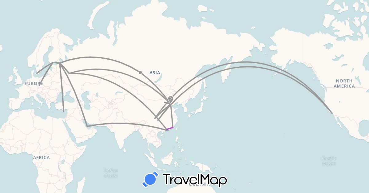TravelMap itinerary: driving, bus, plane, train in China, Cyprus, Czech Republic, Denmark, Finland, Qatar, Russia, United States (Asia, Europe, North America)